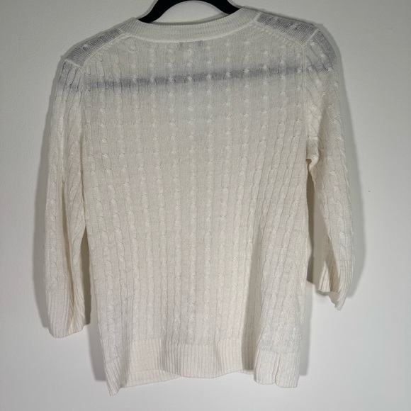 J. Crew White V-Neck Linen Cable Knit Sweater 3/4 Sleeve Size S Old Money Preppy - Picture 7 of 8